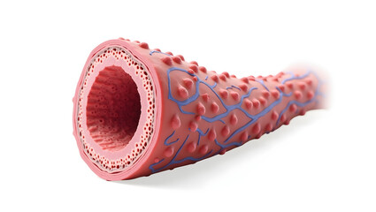 Anatomy & Physiology A close-up view of alveoli, isolated on white, with capillary network and gas exchange diagram for physiology study, biology class
