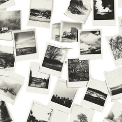 Black and white photos scattered, nostalgic memories, scrapbook concept