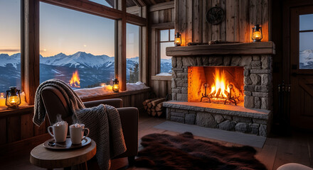 Rustic mountain cabin with stone fireplace, wooden walls, steam rising from mugs of cocoa, panoramic view of snowy peaks through glass windows.