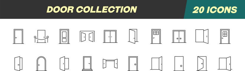 Collection of Signs of Doors. Suitable for books, stores, shops. Editable stroke in minimalistic outline style. Symbol for design