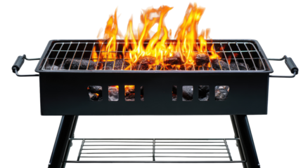 A black grill with burning charcoal.  Flames dance above hot embers.  A metal grid sits atop the charcoal bed.  Two handles are visible on the top.  The grill is isolated against a black background