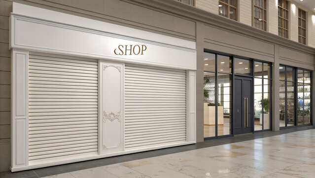  closed shop with roller shutters in grey colore in mattle  and glass windows and doors