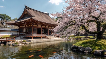 Fototapeta premium A traditional Japanese temple with a curved wooden roof and a tranquil koi pond, with cherry blossoms in full bloom.