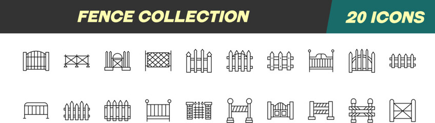 Collection of Line Signs of Fence. Suitable for books, stores, shops. Editable stroke in minimalistic outline style. Symbol for design