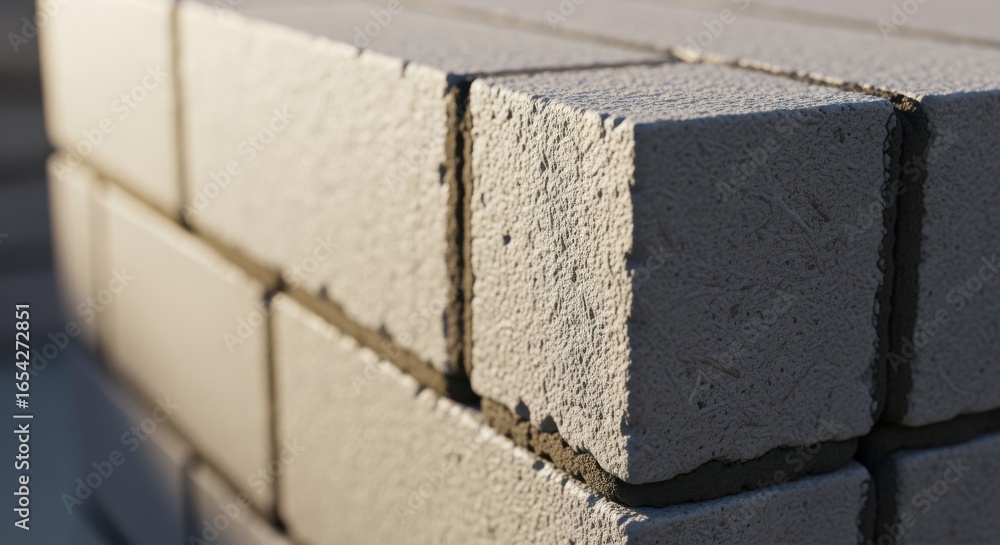 Aufkleber zoomed view on the edges and seams between stacked papercrete blocks highlighting precision fitting 