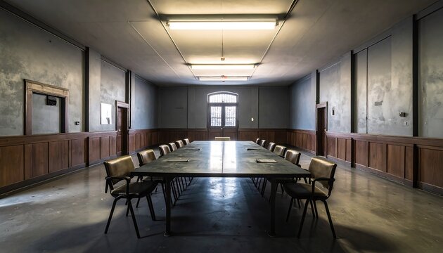 A long, empty meeting room, highlighted by a large conference table, displays a muted gray and brown color palette.