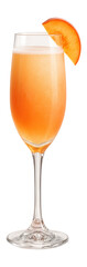 Watercolor Peach Bellini in a champagne flute with peach slice garnish.