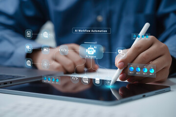 AI workflow automation concept. artificial intelligence software, Businessman uses AI Agent with...