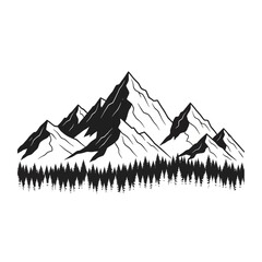 Fototapeta premium Majestic Peaks Hand-Drawn Mountain Range Illustration with Evergreen Forest Silhouette