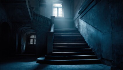 Ancient stone staircase in a dimly lit, decaying building. Sunlight streams through a window, casting dramatic shadows
