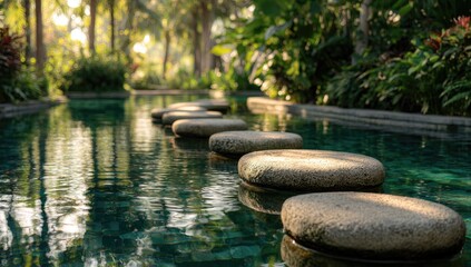 Serene pathway of smooth, flat stones across a tranquil pool, lush tropical foliage surrounds