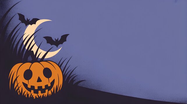 Halloween background with a smiling orange Jack-o'-lantern in the grass, silhouettes of bats, and a crescent moon in a lilac sky with space for text