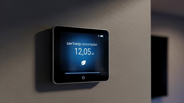 A square, wall-mounted thermostat displays "Low Energy consumption" with a leaf icon