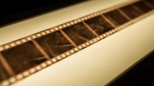 Close-up of a strip of developed photographic film on a light table