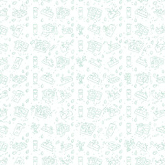 Obraz premium Light teal outline pattern of various small objects, possibly related to gardening or food.
