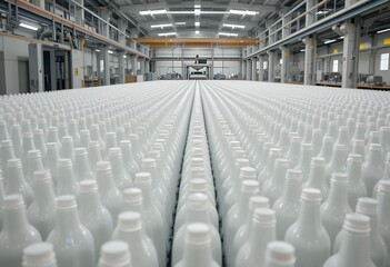 Industrial warehouse interior with endless rows of identical white bottles in large-scale production