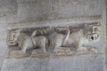 detail of a stone carving lions