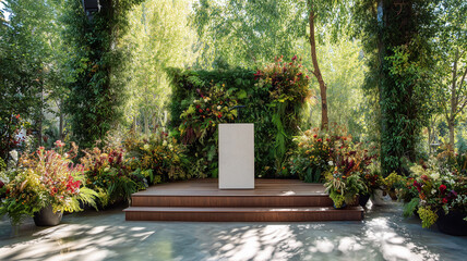 Outdoor stage decorated with flowers and greenery