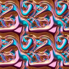 Iridescent liquid metal pattern with gold pink and turquoise hues, seamless pattern