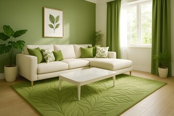 Stylish modern living room with a green nature-inspired theme and leaf-patterned rug