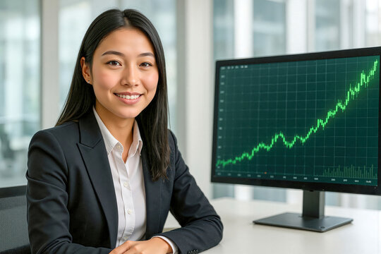 Chinese female trader in a suit sitting at a desk with a rising stock chart displayed on a desktop monitor. Ideal for finance marketing, investment blogs, trading platforms, or economic reports.