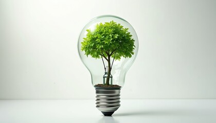 Circular economy concept symbolized by growing tree inside light bulb, representing sustainable strategies like sharing, reusing, repairing, improving, recycling materials to reduce energy use, CO2