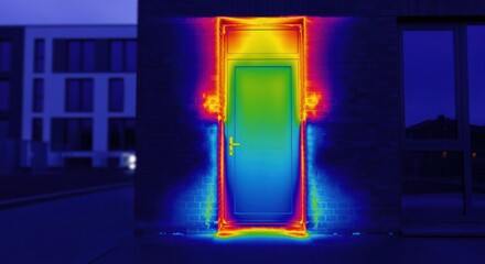 Thermalimaging audit revealing moisture intrusion and heat leaks around door frames on a modern urban building.
