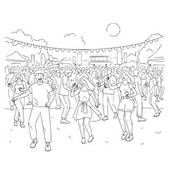 Line art illustration of a large crowd of people dancing at an outdoor music festival event scene