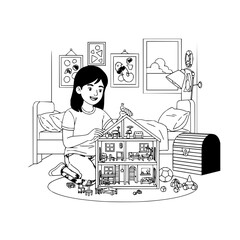 Girl playing with a dollhouse in her bedroom surrounded by toys and furniture in black and white line art
