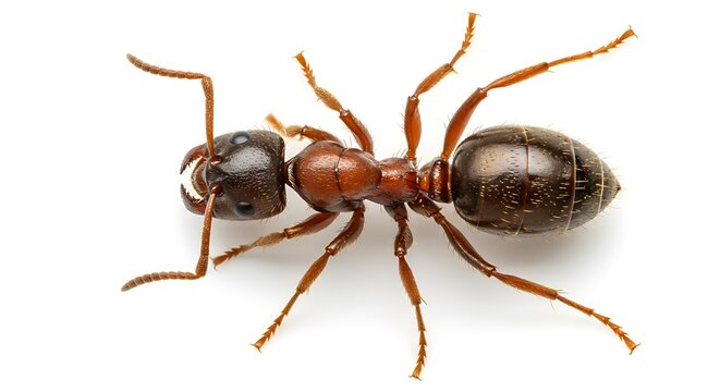 Detailed Overhead View of a Brown Ant on a Clean White Background