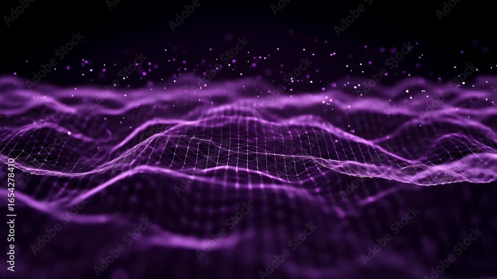 Poster abstract purple wave animation with glowing particles, creating a dynamic digital landscape