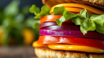 Close-up view of a colorful stacked burger with textured ingredients and directional lighting.