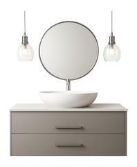 Contemporary bathroom vanity with vessel sink, round mirror, and pendant lights.