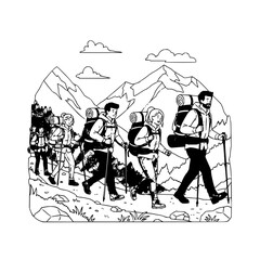 Group of hikers with backpacks and trekking poles walking on a trail with mountains in the background