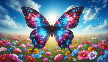 Colorful Butterfly Flying Over Vibrant Flower Field with Radiant Sun