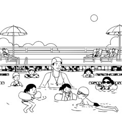 Illustration of a swimming pool with children swimming and a lifeguard overseeing the pool area with sunbathers