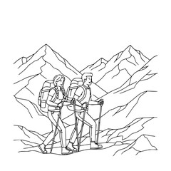 A couple hiking in the mountains with backpacks and trekking poles in a black and white illustration