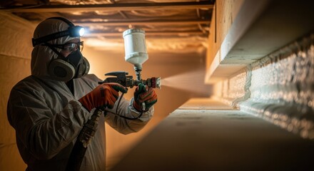 Obraz premium Worker in protective mask maneuvering sprayfoam hose to evenly coat rim joists and block unwanted airflow in a tight crawl space.