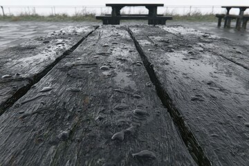 Wet, weathered picnic table surface with blurry benches in background