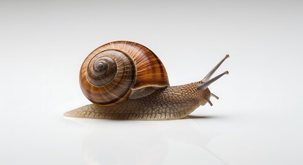 Detailed snail portrait on white background showing shell texture and antennae
