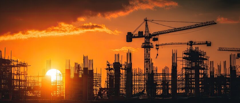 Silhouette of a construction site at sunset