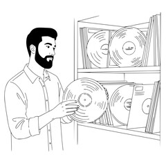 Man with beard holding vinyl record in front of record shelf filled with albums and covers inside