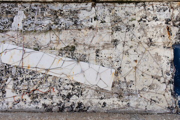 Vintage aged white wall with texture showing effects of weather and time. Background photo. Copy...