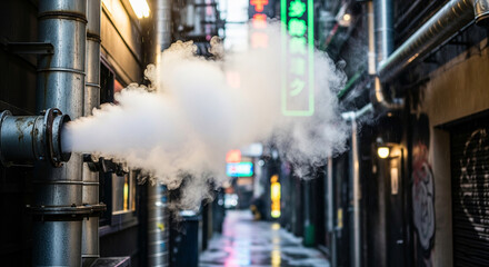 plume of white smoke billows from restaurant exhaust pipes in a blurred cyberpunk back alley, illuminated by colorful neon lights in a drizzling rain