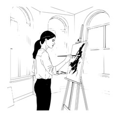 Woman artist painting on canvas with a brush in a studio with windows and an easel in black and white