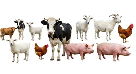 Diverse farm animals: Cows, goats, chickens, sheep, and pigs standing together on a white background