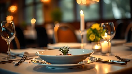 Elegant dining table arrangement with warm candlelight, creating a cozy and inviting atmosphere.