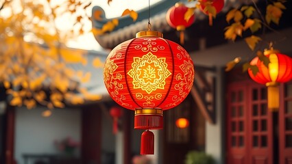 Vibrant red lantern with golden patterns glowing against a softly blurred traditional courtyard.