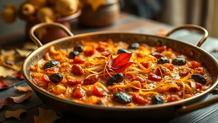 Traditional paella in golden pan, saffron threads glistening on rustic wooden table with autumn leaves.