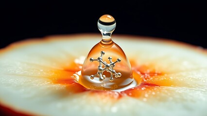 A hyperrealistic water droplet with molecular structure emerging from fruit.